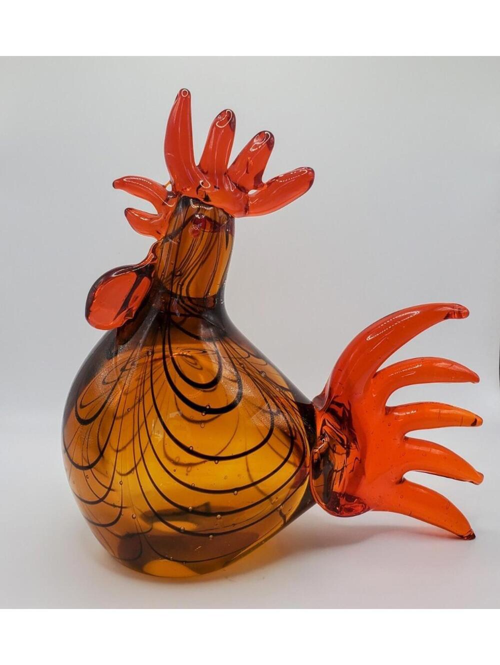 Vintage Murano Style Art Glass Rooster Amber Orange Black Swirl 7”